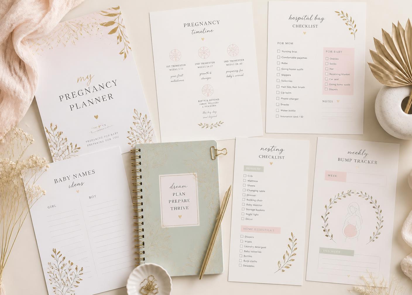 Preview mockup of MamaBloom planner pages and checklists laid out on a cream surface